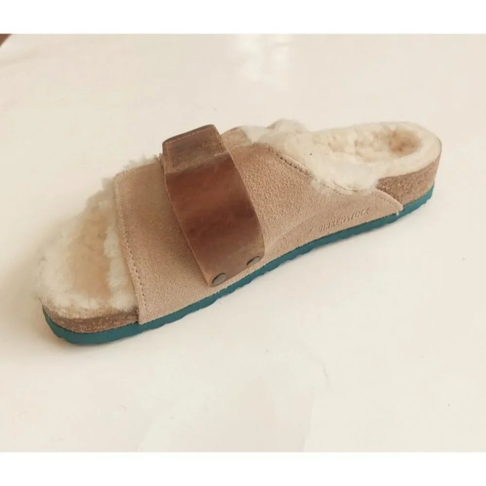 Birkenstock Size 3 Kyoto Teddy Kids Suede Sandals Shearling Lined EU 34 Beige